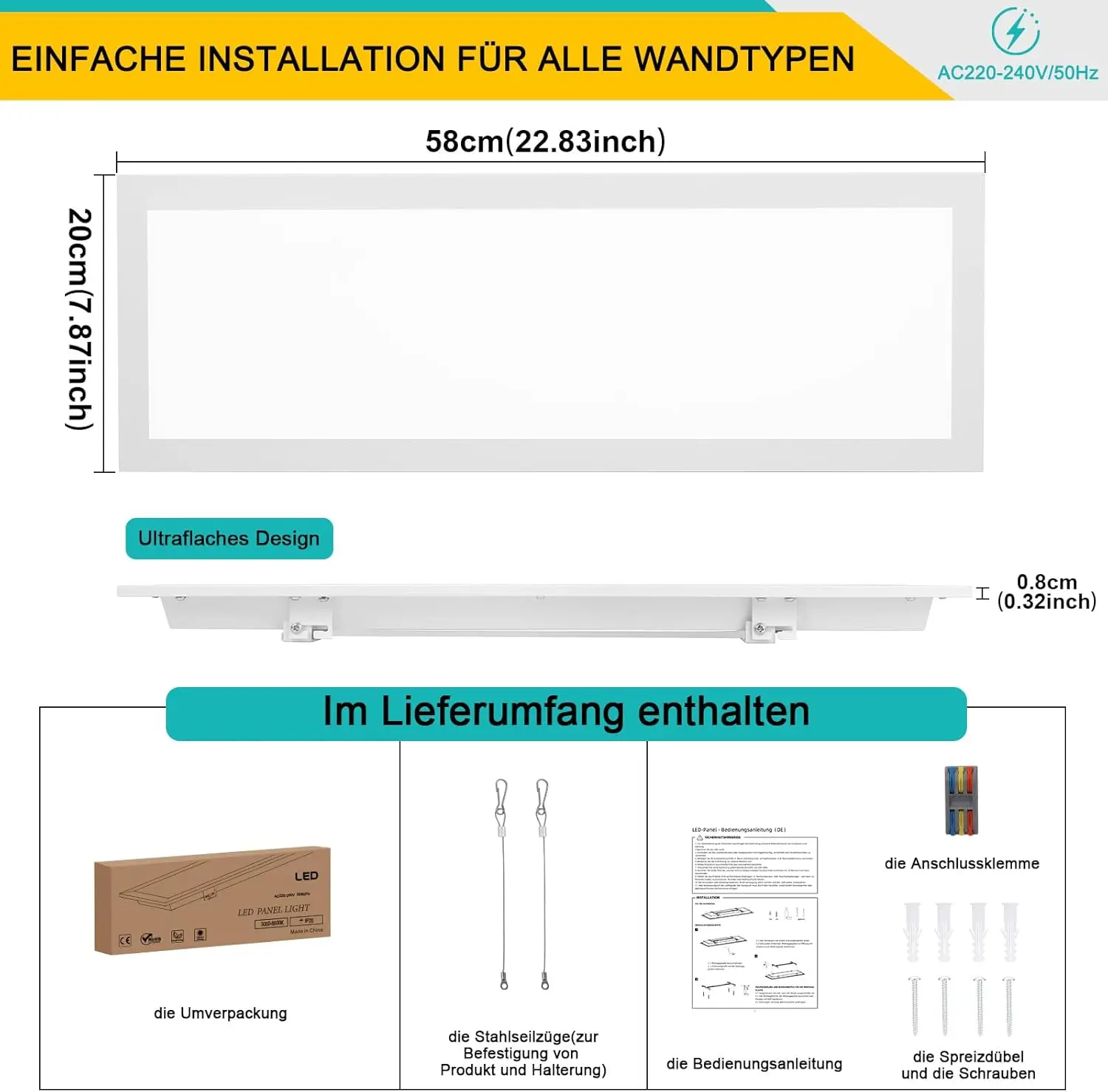 LED-Panel-Deckenleuchte, 58 x 20 cm, 24 W, 3100 lm, 6500 K, Tageslichtweiß, flache Deckenleuchte für Wohnzimmer, Schlafzimmer, Küche, Werkstatt – Detail 4