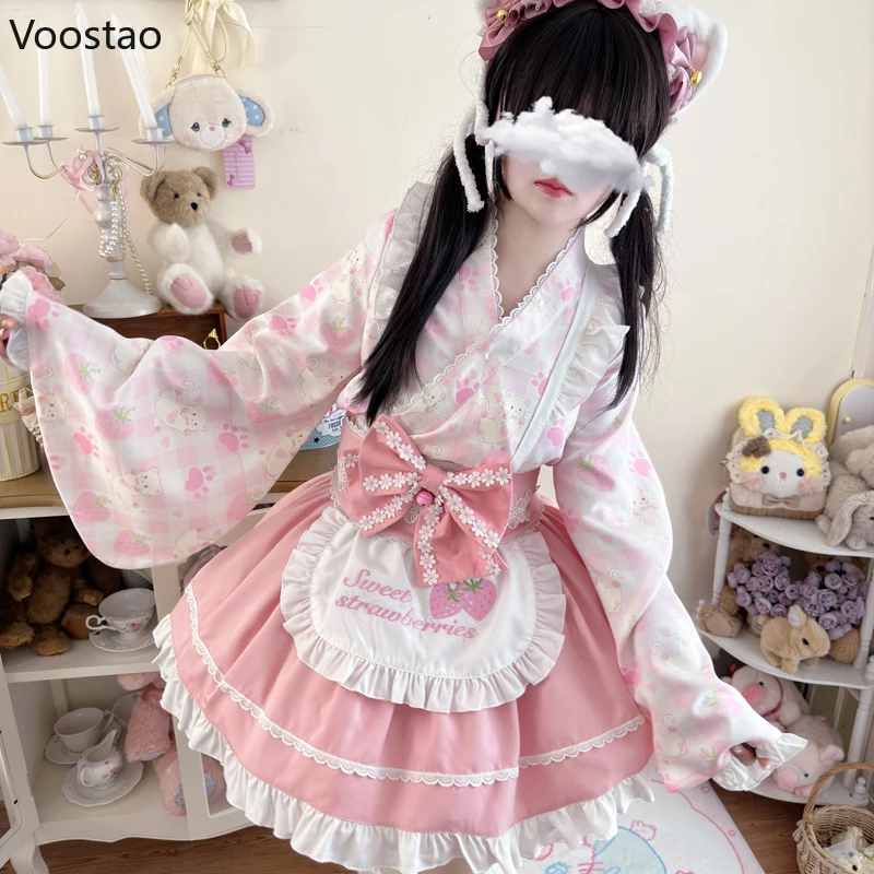 Japanese Sweet Lolita Kimono Dress Women Kawaii Strawberry Cat Print Bow Apron Maid Cosplay Costumes Girls Animation Show Dress