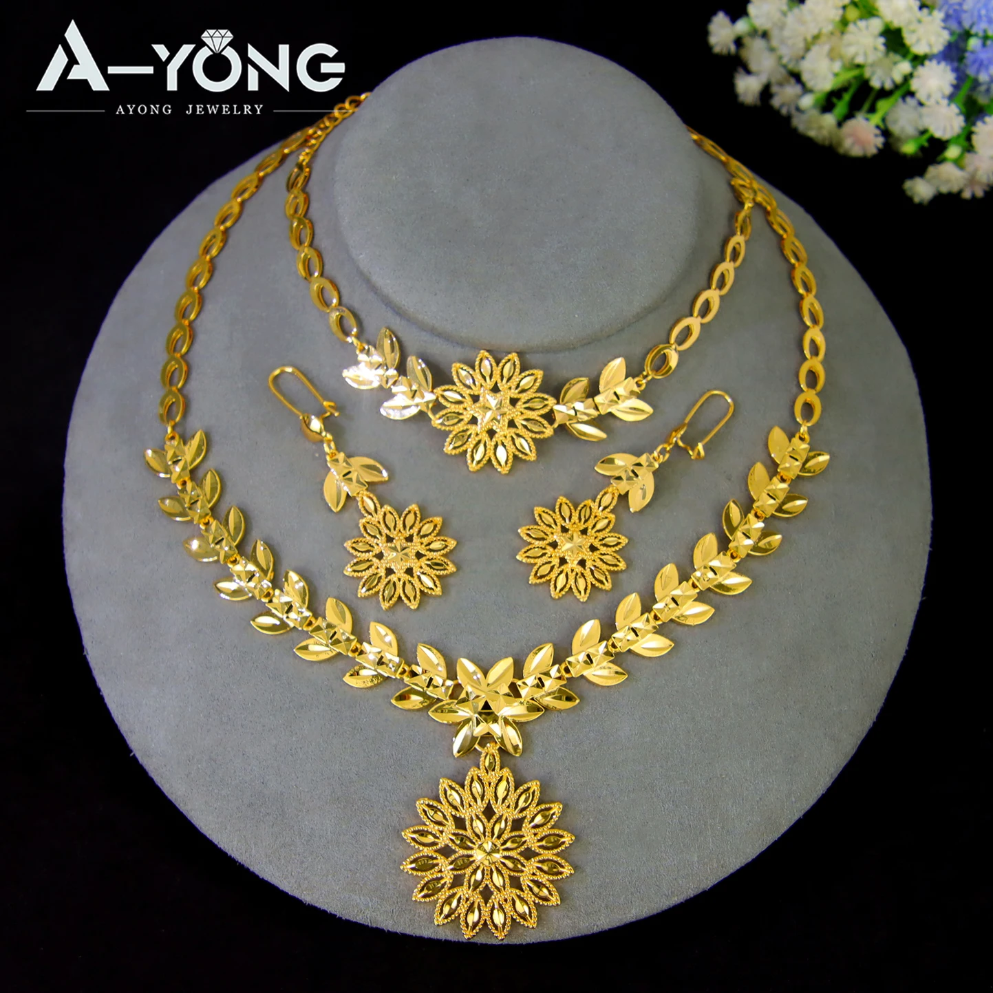 Luxuriöses Dubai Brautschmuck-Set 21k Vergoldet Nigeria Elegante Halskette Armband Ohrringe Arabischer Frauen Party-Schmuck – Detail 15