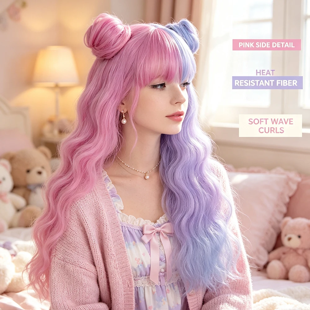 Synthetic 24 Inch Pink Blue Two Tone Color Block Twin Buns Long Curly Hair Cosplay Wig Halloween Role Play Heat Resistant Fiber