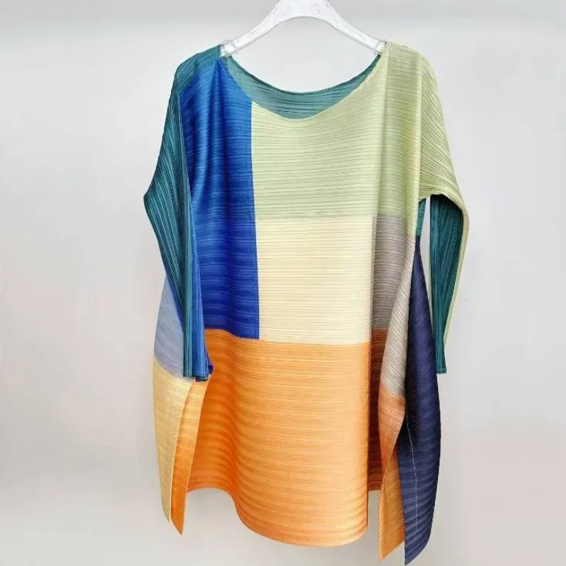 

Miyake Pleated Patchwork Top Women's Loose Casual Long Sleeve Side Split Round Neck T-Shirt Large Size with Stretchy Outing Wear