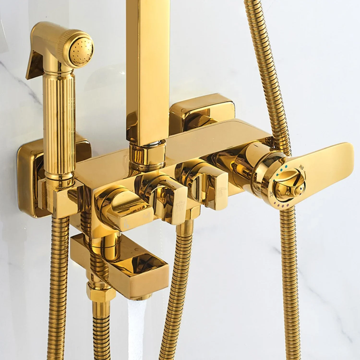 Golden Thermostatic Bathroom Shower System Hot Cold Bathroom Mixer Faucet Rainfall Shower Head Solid Brass Gold Bath Shower Set