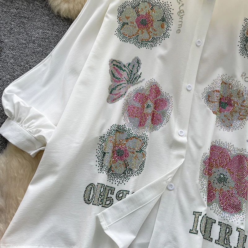 Camisa con cuello tipo Polo y mangas acampanadas para mujer, Top holgado con estampado en caliente y estampado de diamantes, estilo europeo americano, C367