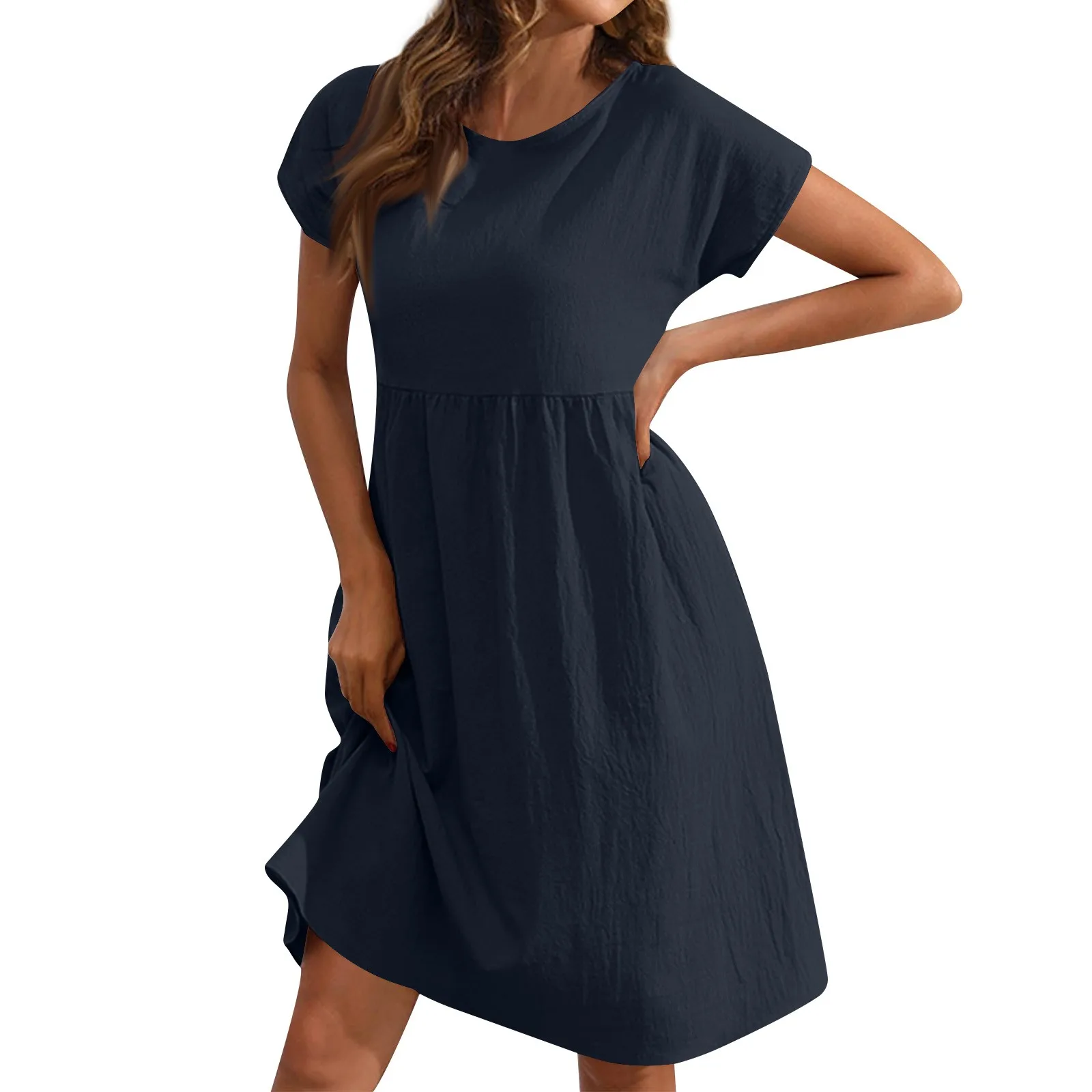 Women'S Summer New Dress Short Sleeve Linen Casual Round Neck Dress Loose Flowy Swing Beach Style Elegant 2024 Midi Sundresses