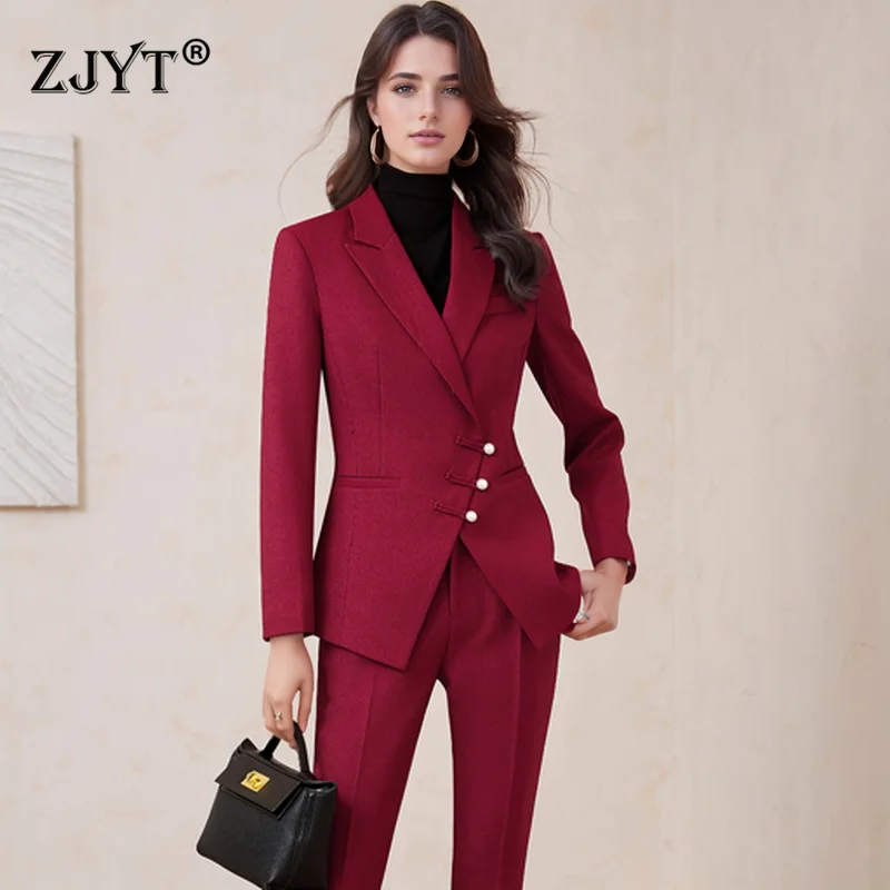 ZJYT Autumn Elegant Ladies Business Work Blazers Suit Two Piece Pant Sets for Women Long Sleeve Jacket Coat Trousers Sets Outfit