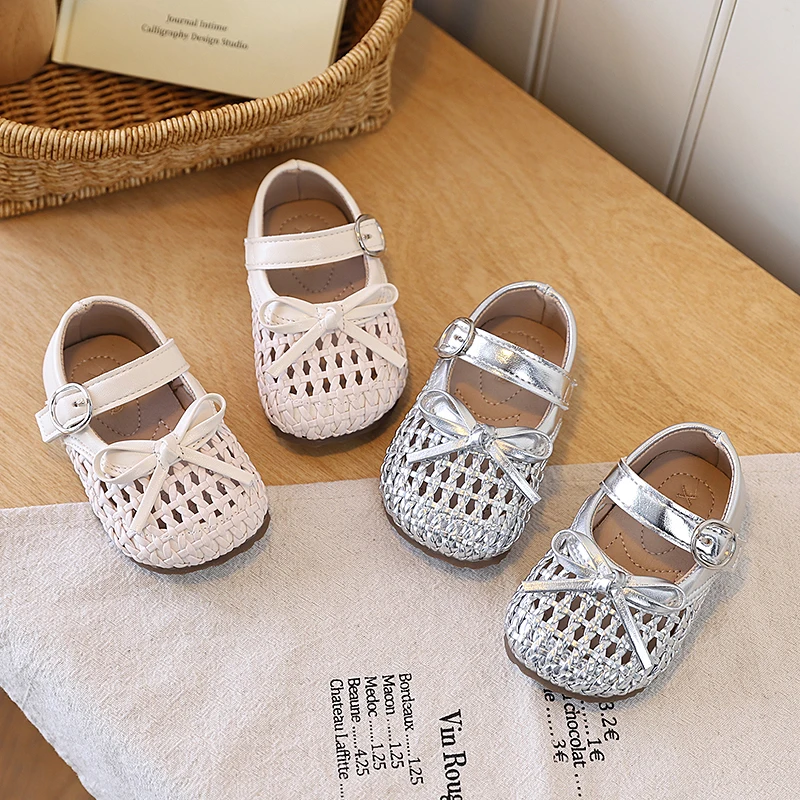 Girls Woven Flat Shoes Sweet Bowknot Kids Casual Shoes Soft Bottom Non-slip 2026 Summer New Baby Walking Shoes Korean Style