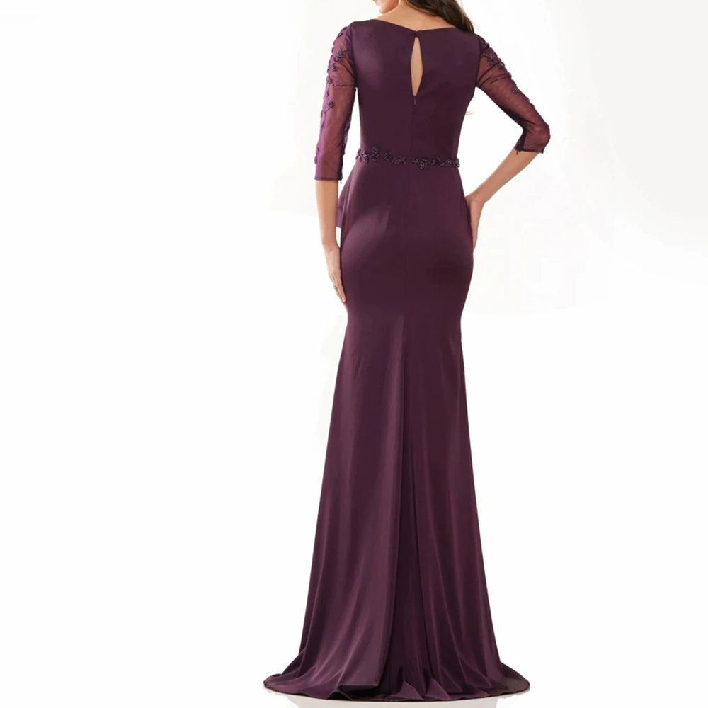 Customized Delicate  Crystal Pleat V-Neck Floor Length Side Slit  Vestidos De Fiesta Straight Jersey 3/4 Sleeves платье вечернее