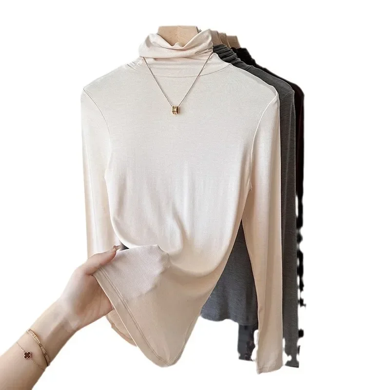 Yuyue Women\'s High-necked High Strecth Bottoming Shirt Old Money Style Silk Pile Collar Base Top Contain Mulberry Silk and Wool
