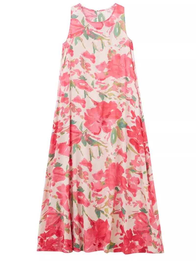 2024 New Bohemian Long Dress Summer Large Size Loose Sleeveless Round Neck Fashion Casual Printed Vest Dress K1740
