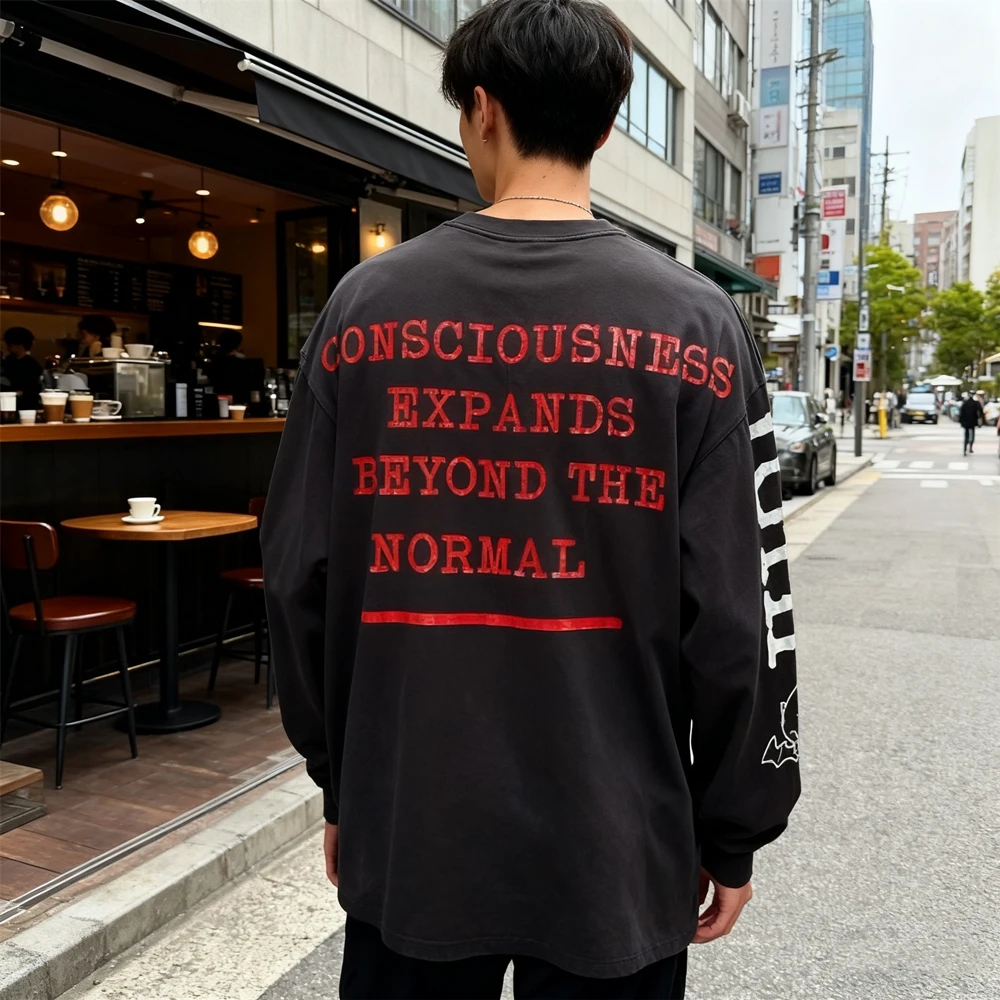 KUCLUT 1:1 أزياء أفضل جودة العلامة التجارية الفاخرة المطبوعة طويلة الأكمام بلايز المتضخم خمر المحملة فضفاضة 100% القطن تي شيرت للرجال