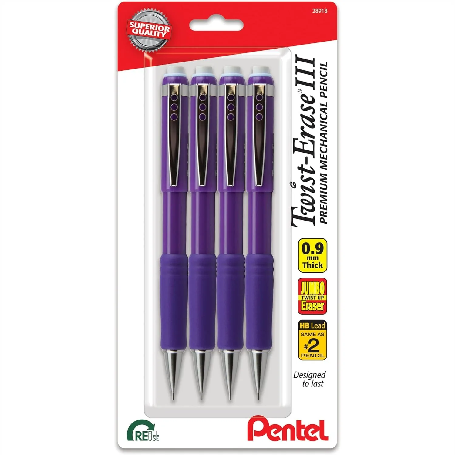 

Mechanical Pencil 0.9mm with Twist-Erase, Bold Line, Violet Barrel, Pack of 4 for Smooth Writing