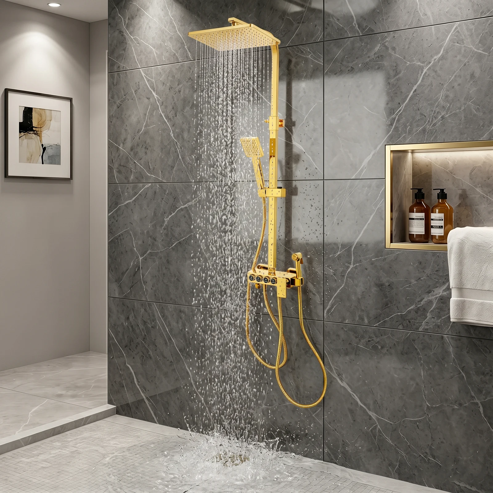 Ensemble de douche mural, ensemble de douche doré, accessoires de douche muraux, système de douche à effet pluie moderne pour salle de bain, hauteur réglable, laiton, ABS, silicone, pour hôtels, salles de sport, spas à domicile, plaqué or de luxe, douchette et pommeau de douche supérieur