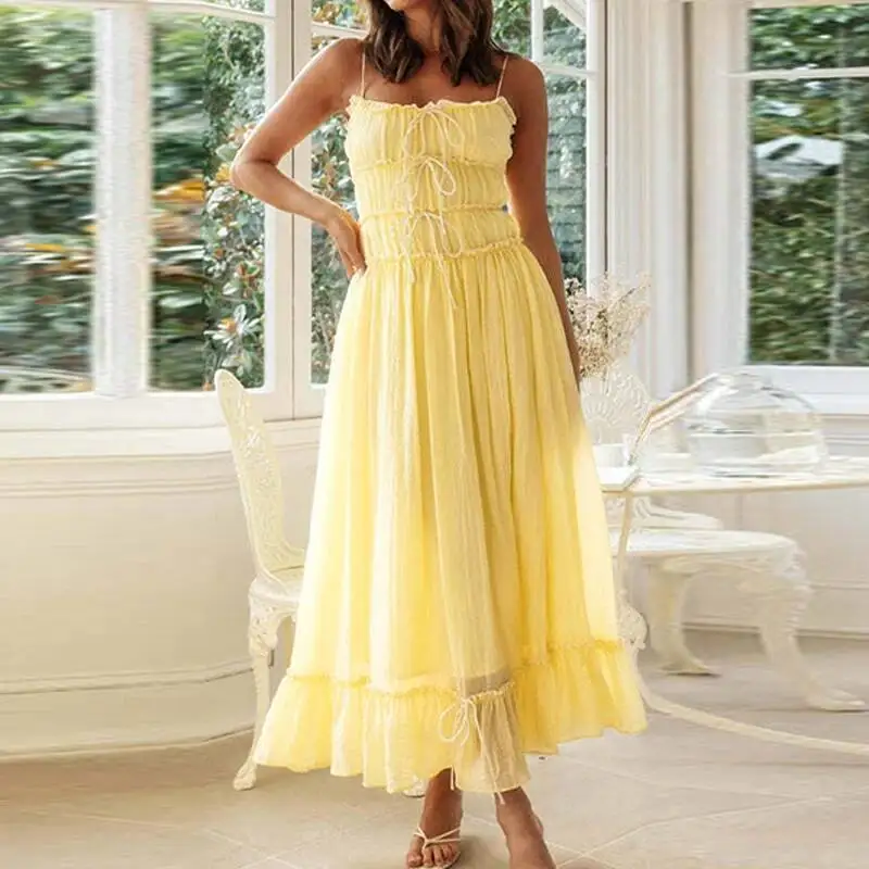 

Элегантное вечернее платье трапециевидной формы без рукавов, женское однотонное плиссированное романтическое платье макси, летнее женское платье на тонких бретельках с бантом в стиле пэчворк