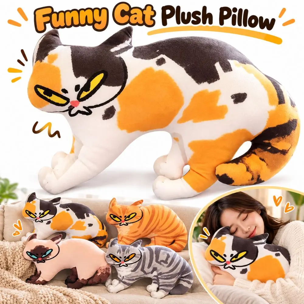 Funny Plush Cat Plush Pillow Soft Animal Shape Abstract Cat Stuffed Animal Cartoon Cat Throw Pillow Sofa Decoration