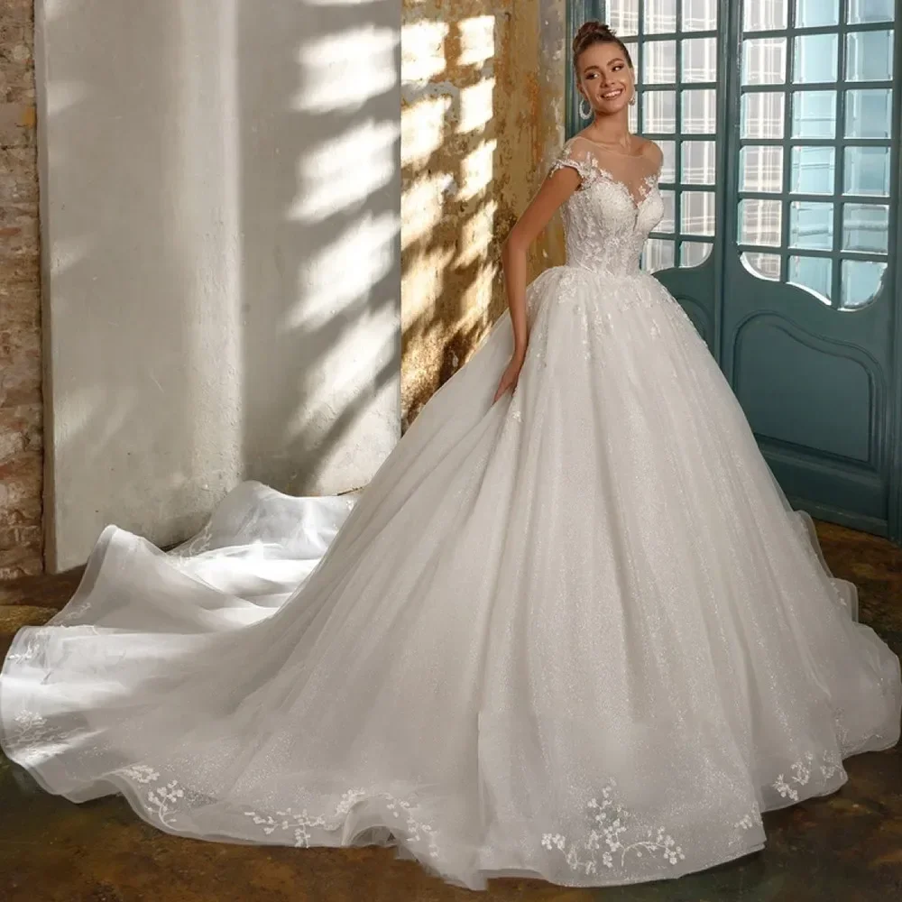 

Customzied Exquisite A Line Lace Wedding Dresses Appliques Beadings Cap Sleeve Backless Bride Dress Cathedral Train Bridal Gown