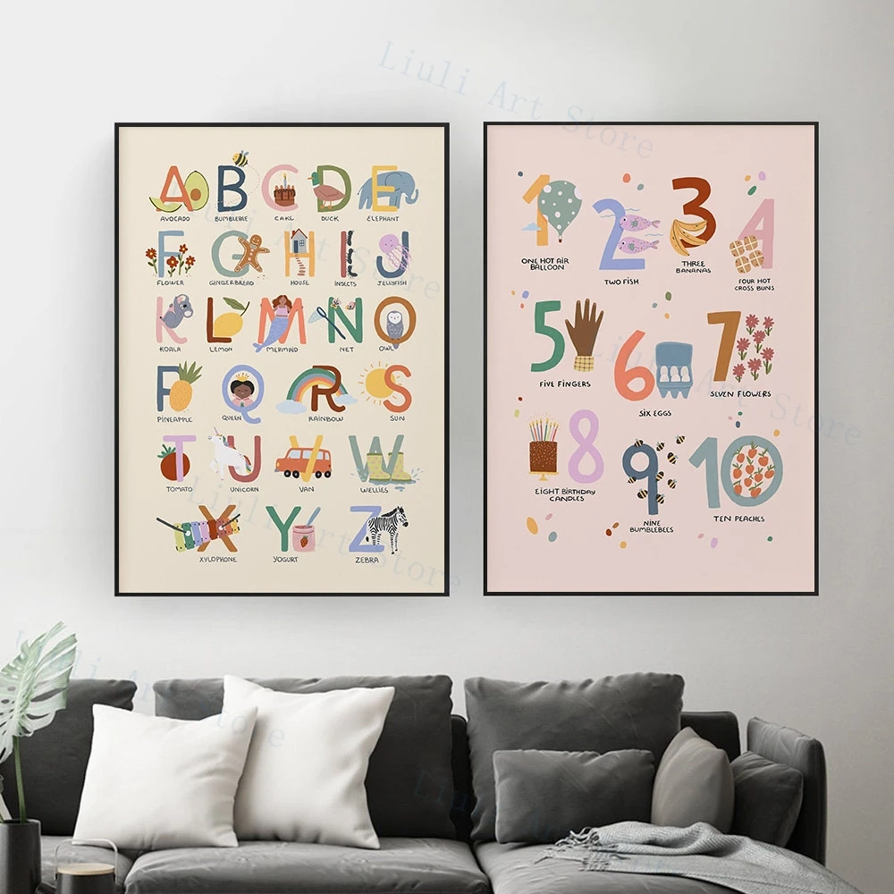 Boho Nursery ABC Alphabet Poster Wall Art Canvas Painting Print Playroom Pictures New Baby Girls Gift Kids Room Home Decoration