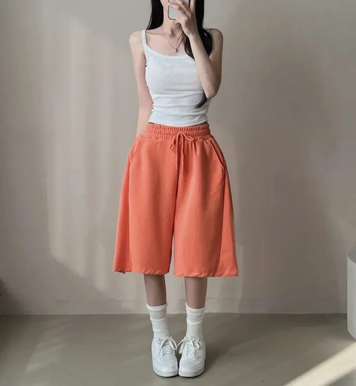 여름 드로스트링 와이드 레그 반바지 여성 피트니스 러닝 루즈 캐주얼 라지 스포츠 반바지 스웨트 숏 하이 엘라스틱 레이스업 팬츠