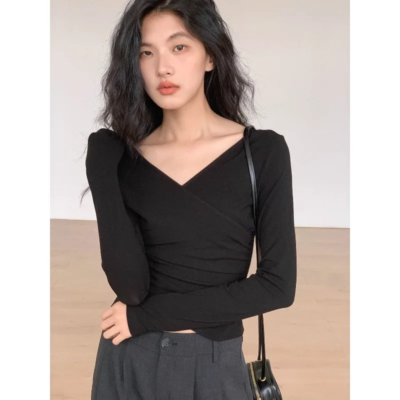 

Женская футболка с v-образным вырезом и длинными рукавами, черный топ, универсальная нижняя рубашка