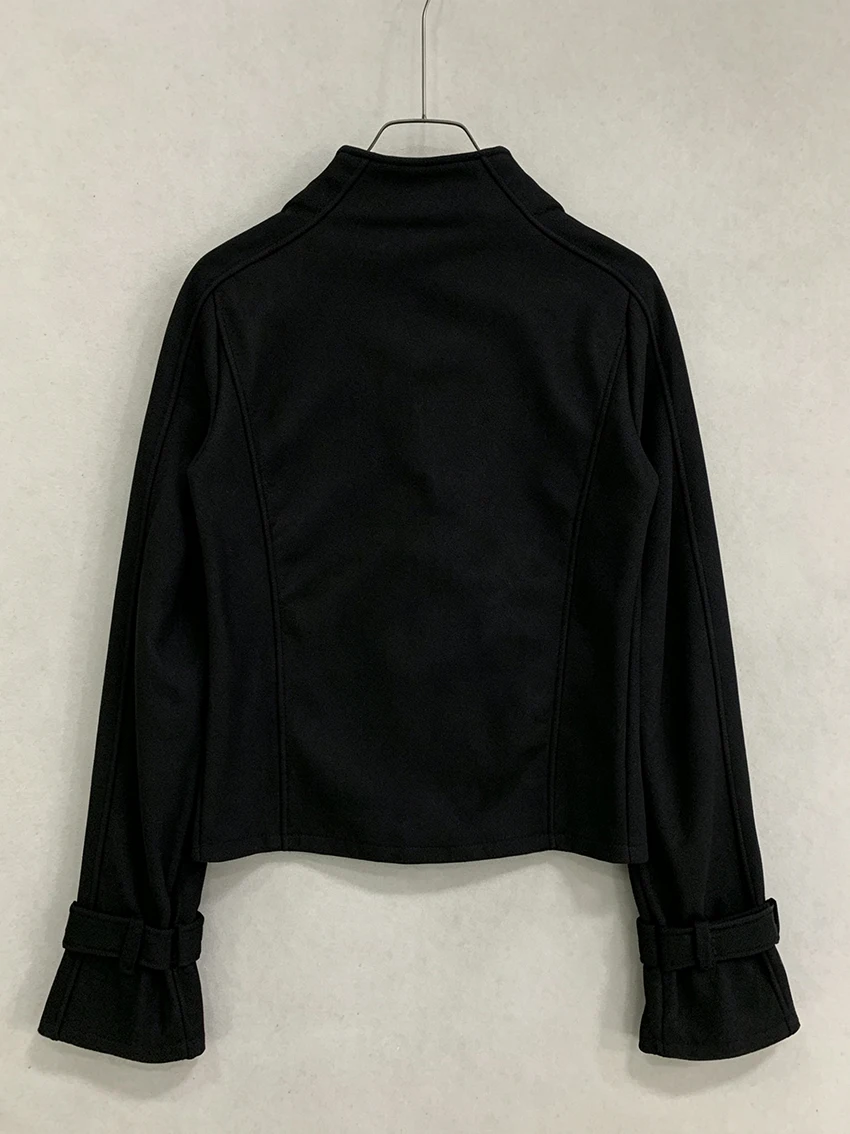 Trendy Women Solid Black Wool Jackets Aesthetics Stand Collar Double Breasted Design Long Sleeve Slim Autumn Winter Outer Coats