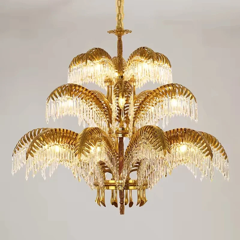 

Hand Carving Gold Brass Hanging Pendant Lights Villa Living Room Luxury Crystal Palm Chandelier