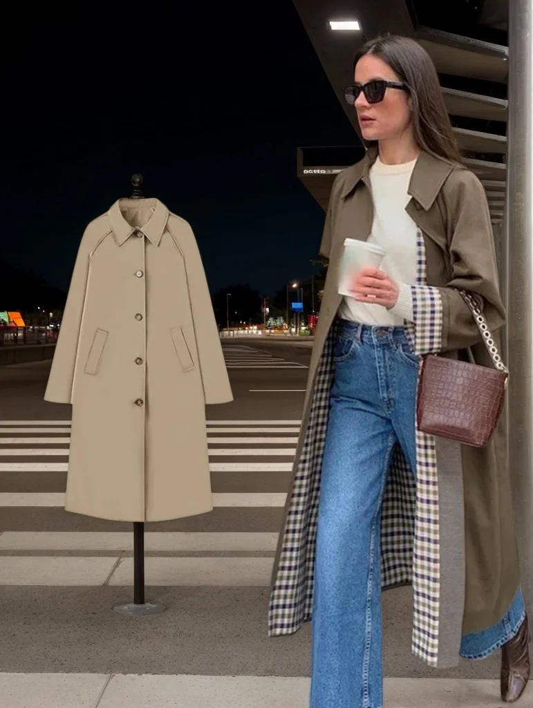 

TRAF Women's Fashion Long Trench Coat Retro Loose Single-breasted Coat Autumn and Winter Lapel High Street Temperament Coat