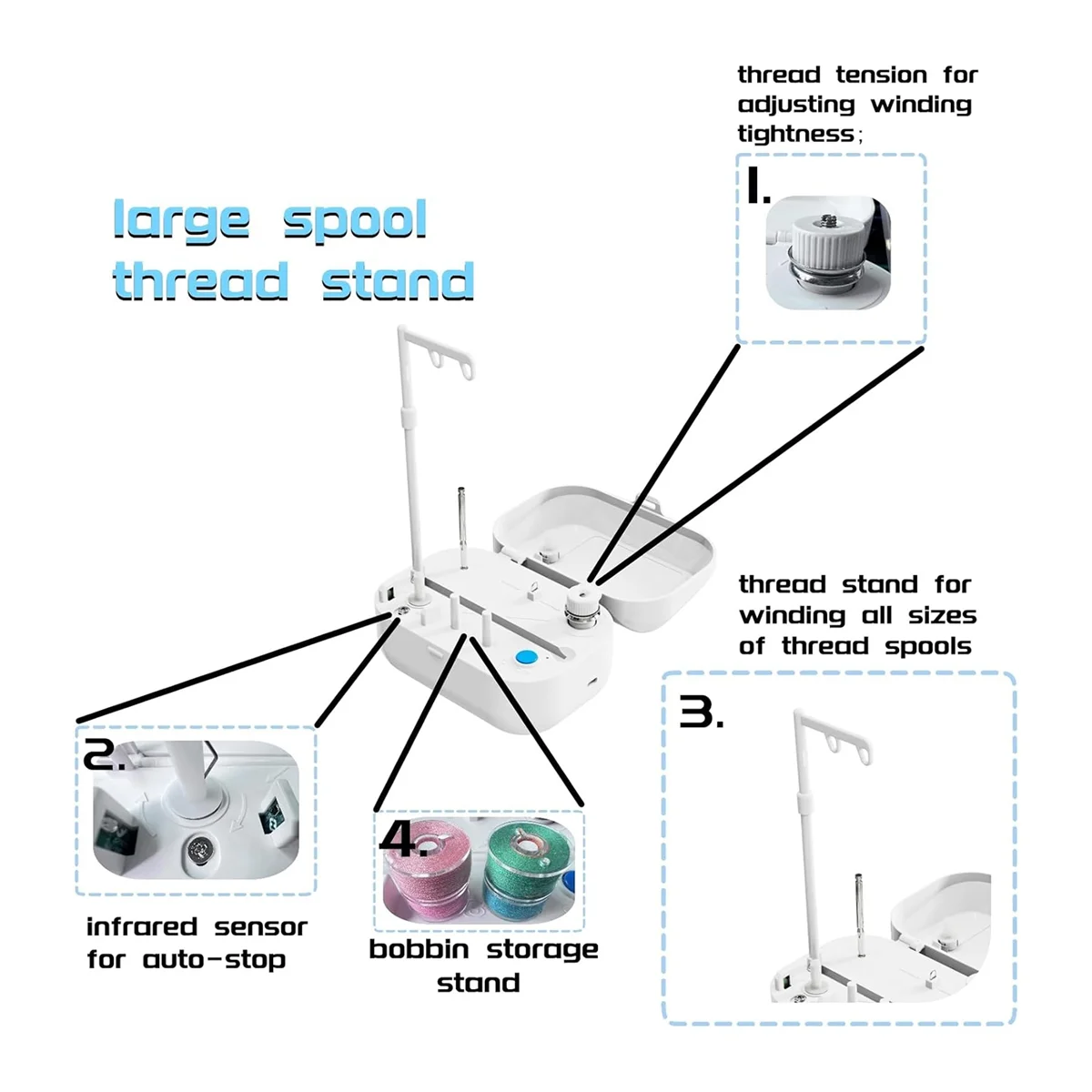 Automatic Bobbin Winder with Auto Stopper, Large Spool Thread Holder for Sewing Machine Thread Winding Use