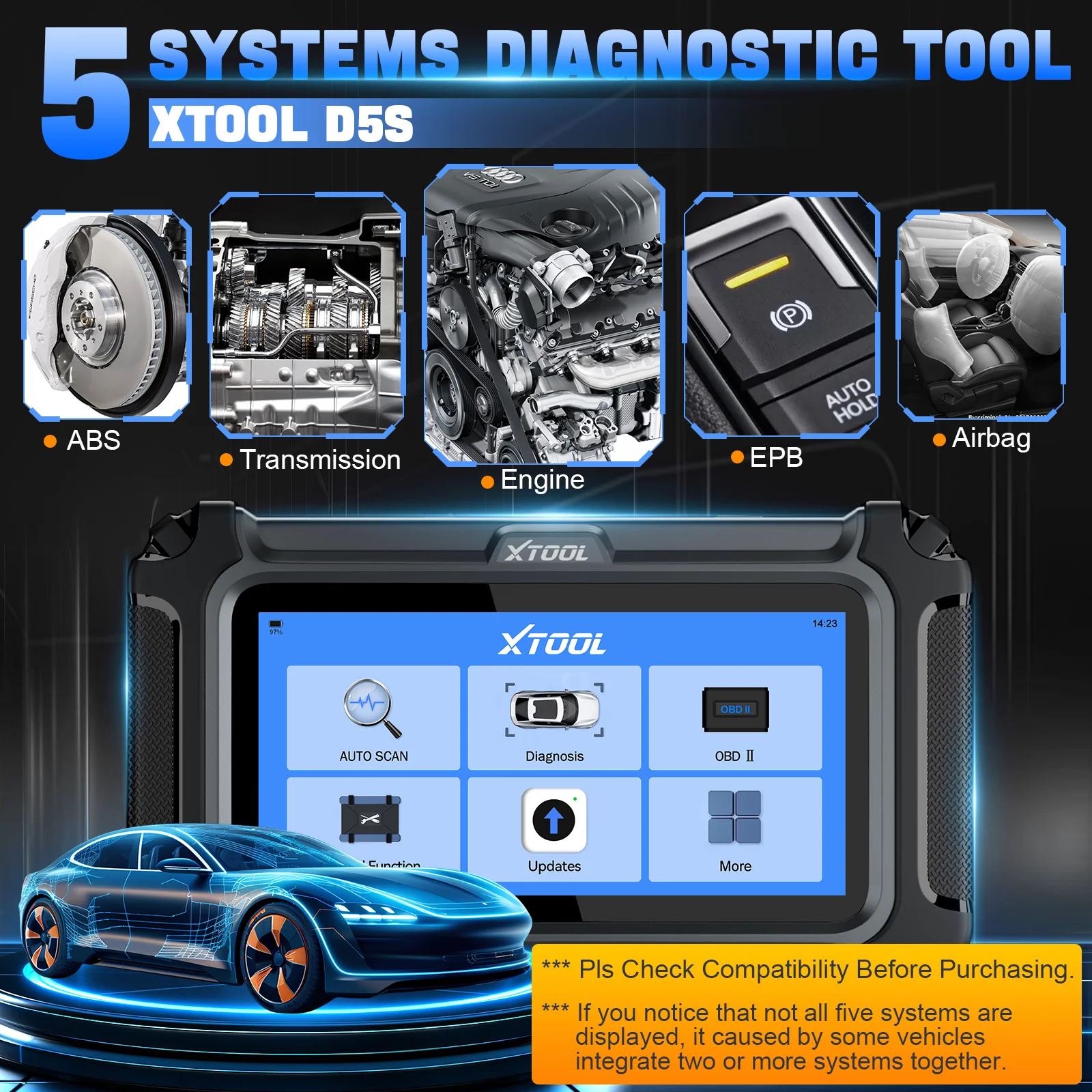 XTOOL D5S 2024 New OBD2 Diagnostic Tools Engine ABS EPB SRS TCM 5 System Automatic Scanner FCA CAN FD With Lifetime Free Update