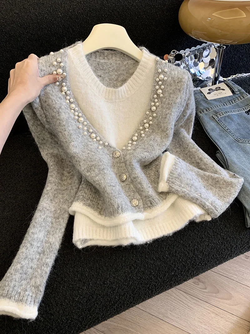 emperamento, capas, usando tops falsos de dos piezas, moda femenina, estilo occidental, suéter de punto, perezoso, diseño de alta gama, nicho