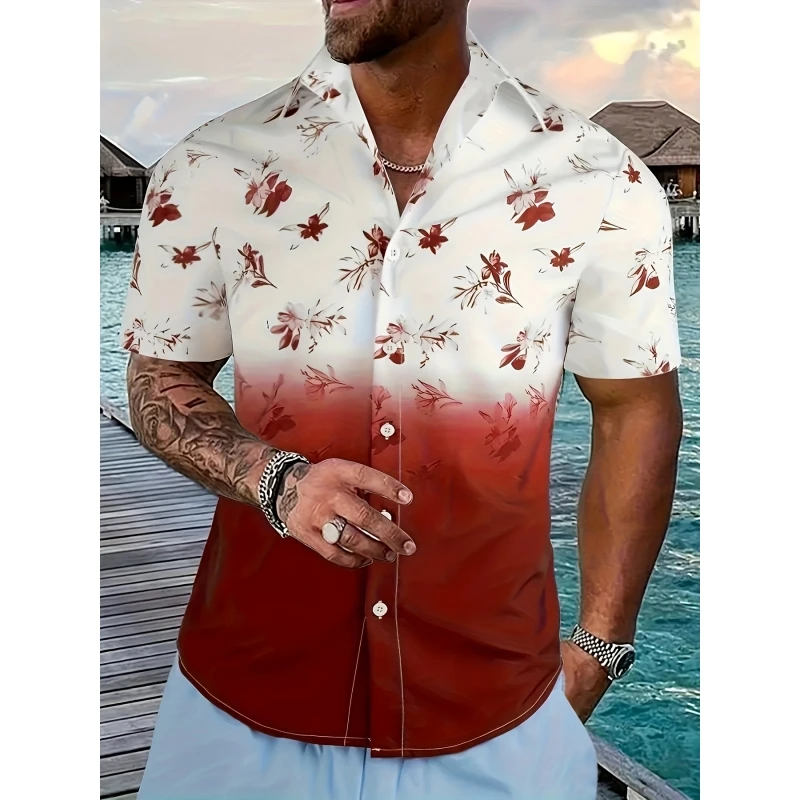 Gráfico Flor de Manga Curta Impresso Camisa, Verão Solto Lapela Botão Camisa, Streetwear ao ar livre, Festa na Praia Camisas Havaianas, 3D