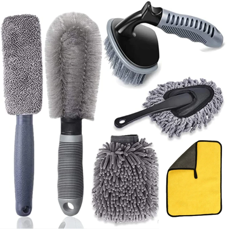 

6pcs Car Tire Wheel Rim Cleaning Brush Detailing Brushes Wash Towel Kit Universal Auto Detailing Wheel Tire Cleaning Accessories
