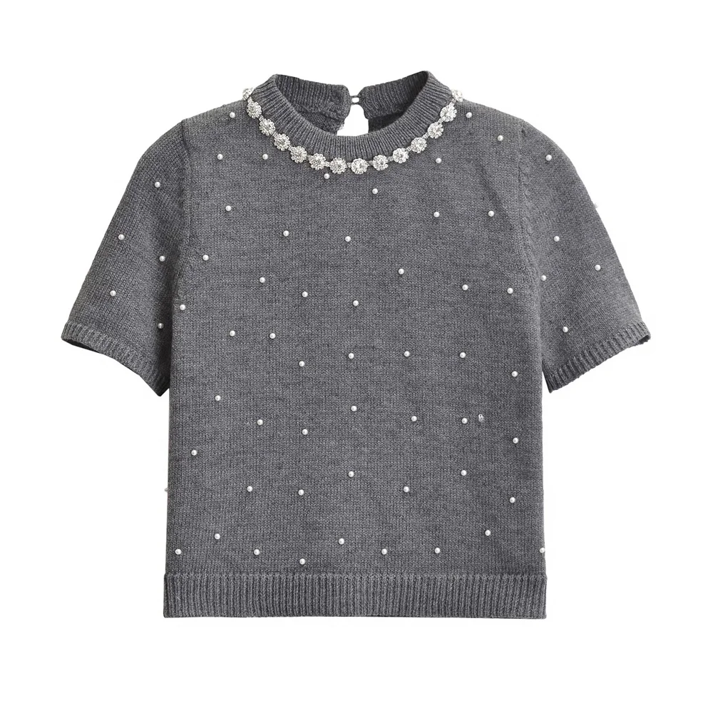 2024ZAR * Spring/Summer New Women\'s Fashion and Elegance Artificial Diamond Neck Pearl Short Sleeve Knitted Sweater