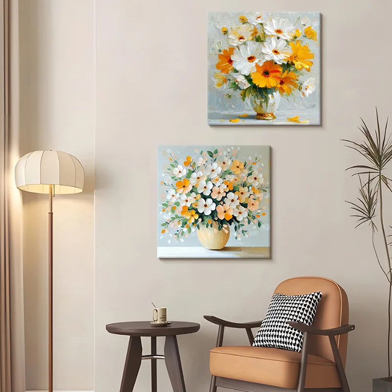 Hand-painted Oil Painting Floral Wall Art, Textured Nordic Flowers Canvas Painting for Living Room Dining Room Home Decor
