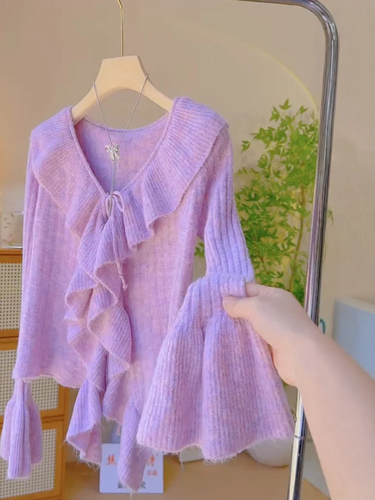

Purple Lazy Feel Knotted Sweater Knitted Top Spring Autumn 2025 New Korean Sle Slimming V-ne Women's Faion Soft Knitwear