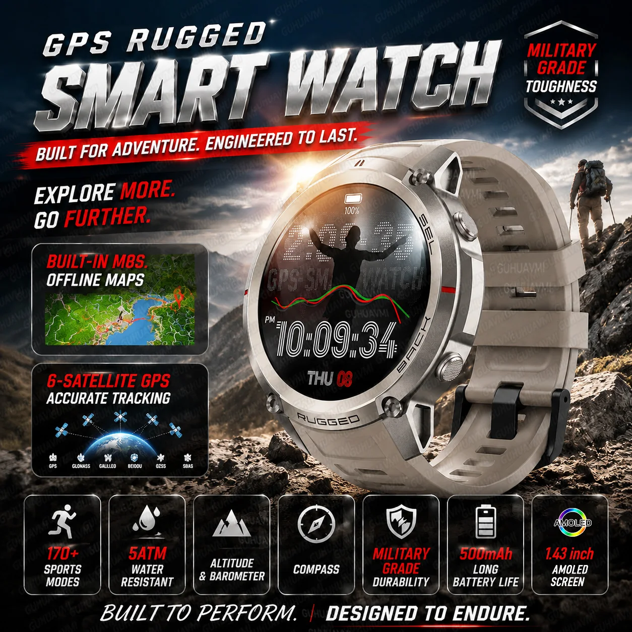 New Outdoor GPS Smartwatch 1.43 inch AMOLED 5ATM Waterproof MultiSystem Positioning Rugged Military Smart Watch with Offline Map