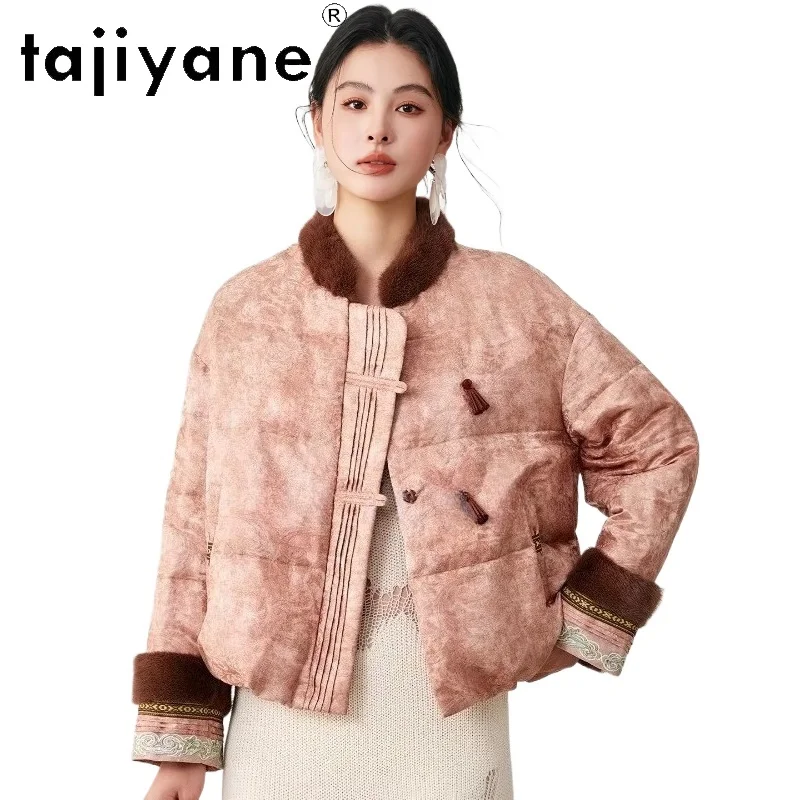 TAJIYANE 90%グースダウンジャケット レディース ショートジャカードダウンコート ミンクファーカラー パファージャケット 2025冬 レディース服 ダウンジャケット