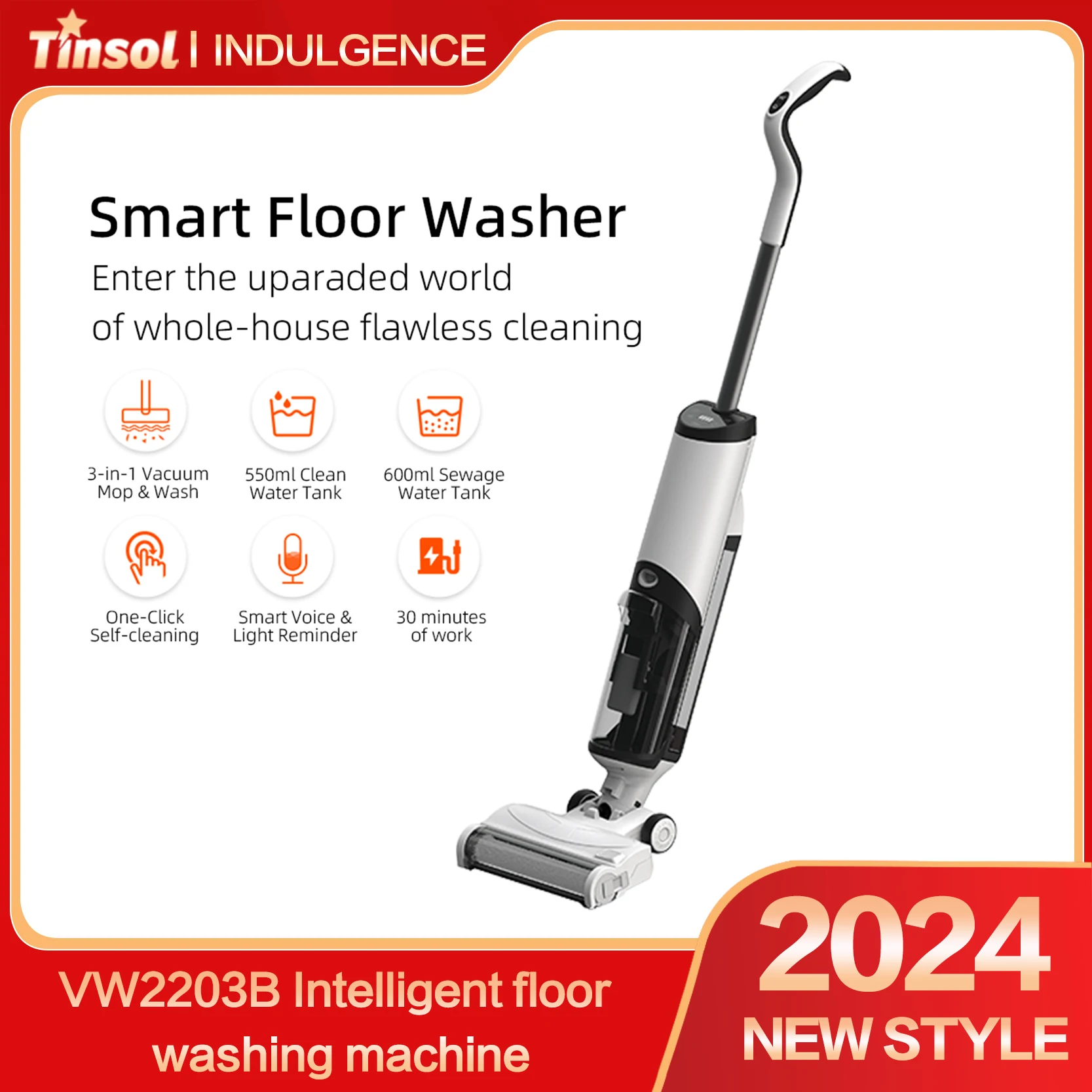 

Tinsol Cordless Smart Mop 15000PA Vacuum Cleaner Intelligent Voice Prompts Extra Large Dual Tank Wet & Dry Vacuum Cleaner