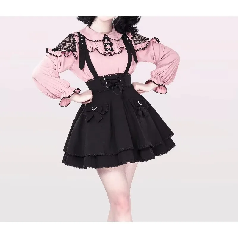 Women Kawaii Lolita 2 Piece Set Lace Ruffles Long Sleeve Blouse and Suspender Skirt Sweet Y2K