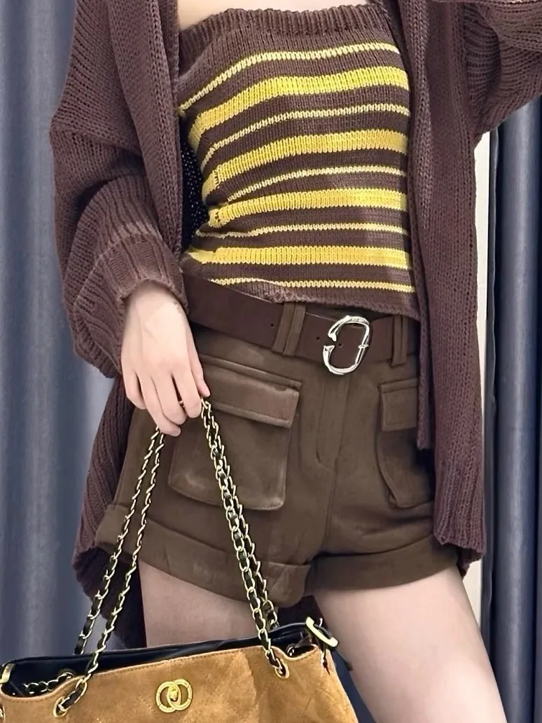 High Waist Suede Workwear Shorts Women's Autumn Winter New Style Versatile Slimming Hot Pants Loose A-Line Cuffed Straight Leg