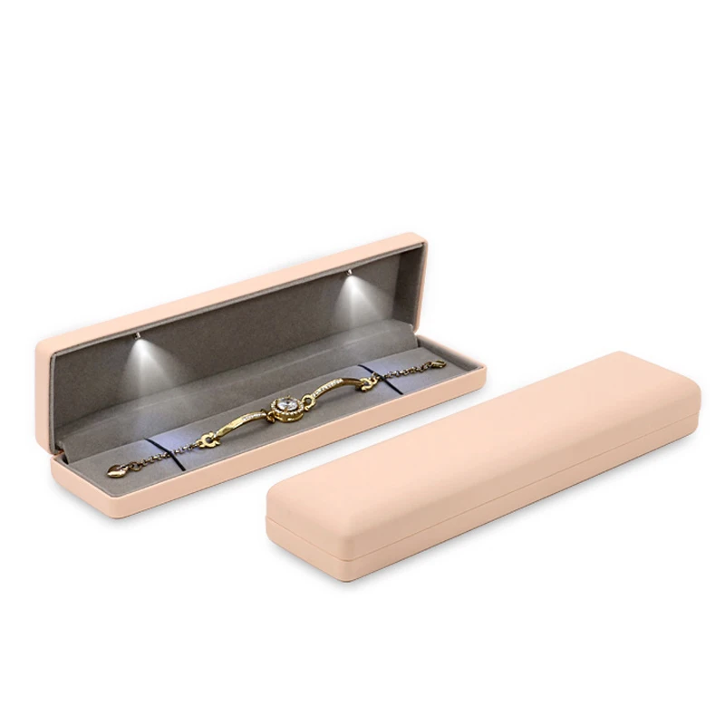 PU Leather Bracelet Box Wedding Long Necklace Pendant Case with LED Light Jewelry Gift Display Box Organizer