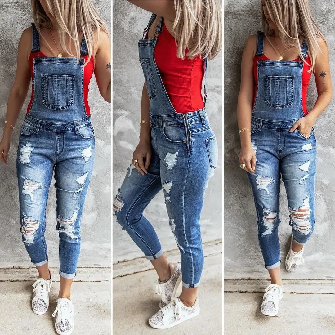 Macacão jeans feminino 2024 jeans rasgados senhora macacão elástico denim calças de uma peça suspender feminino macacão streetwear