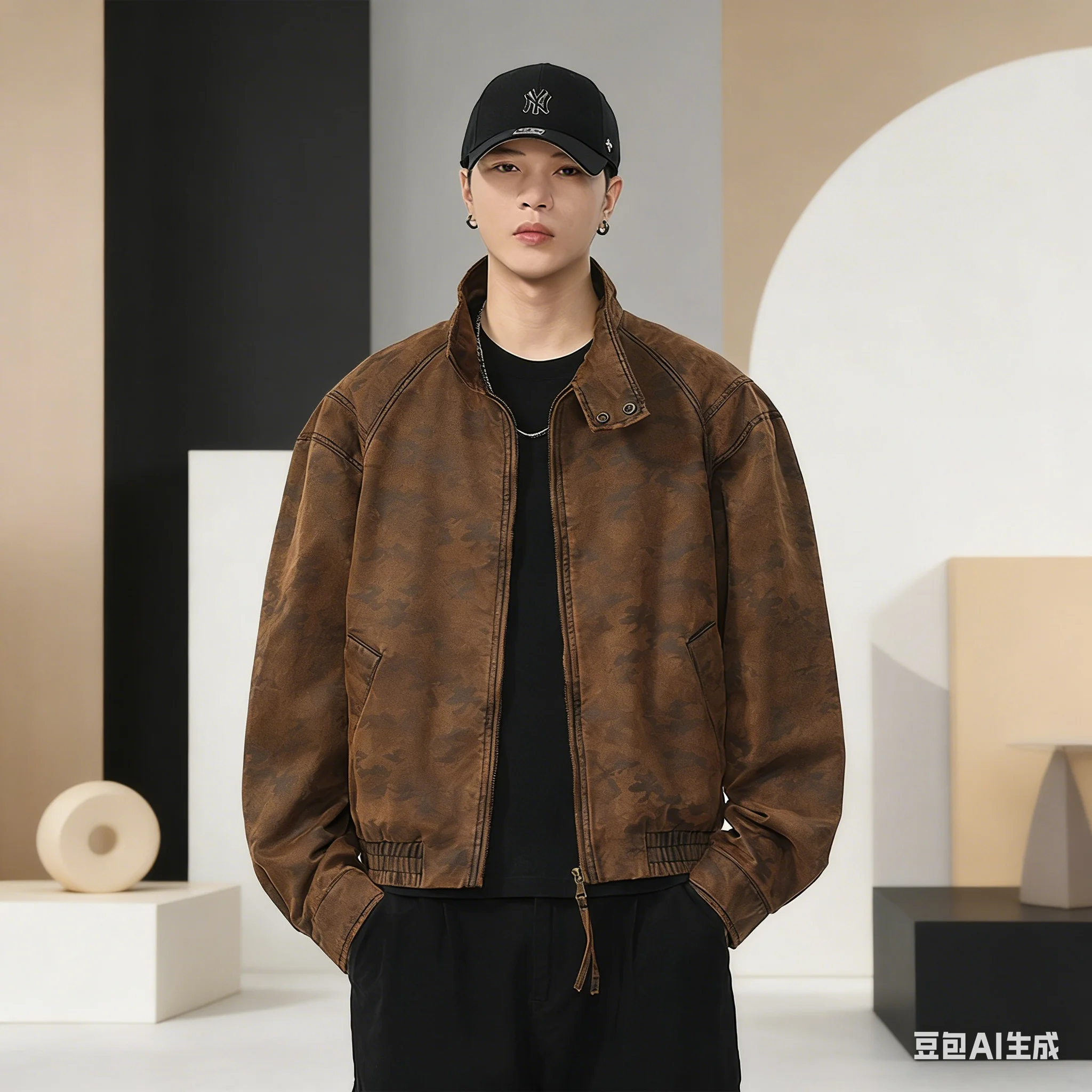 American-style retro pure cotton stand-up collar coat for men, 2026 autumn-winter collection, loose and deconstructed silhouette