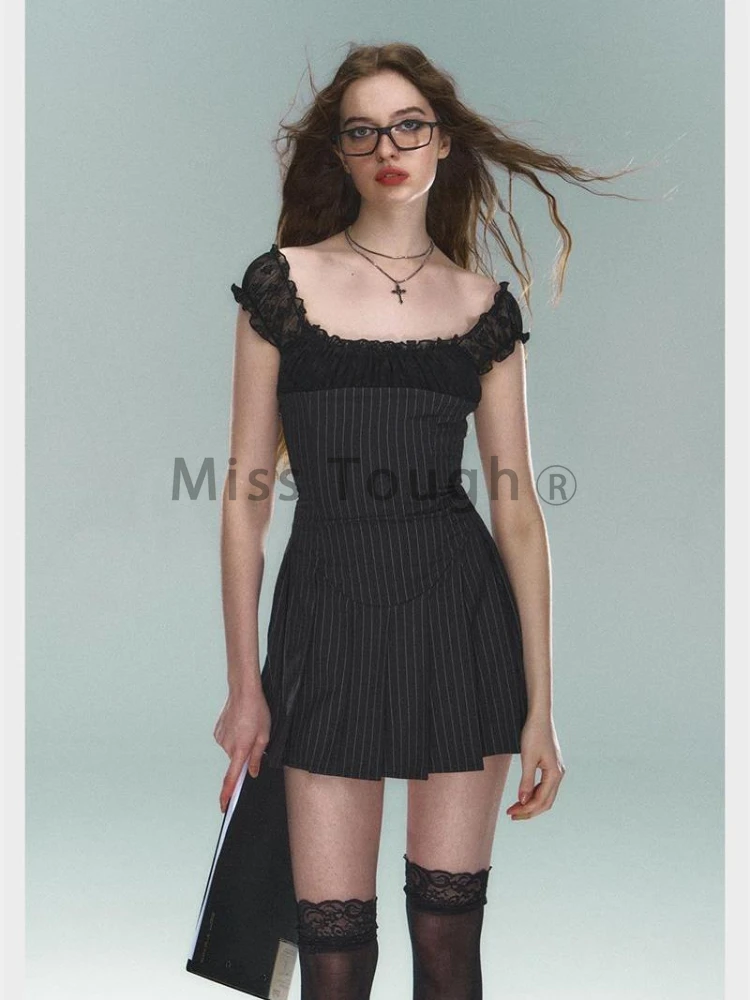 Vintage Stripped Lace Pleated Strap Dress Women 2024 Y2k American Short Dresses Fashion Chic Short Sleeve Streetwear Clothing