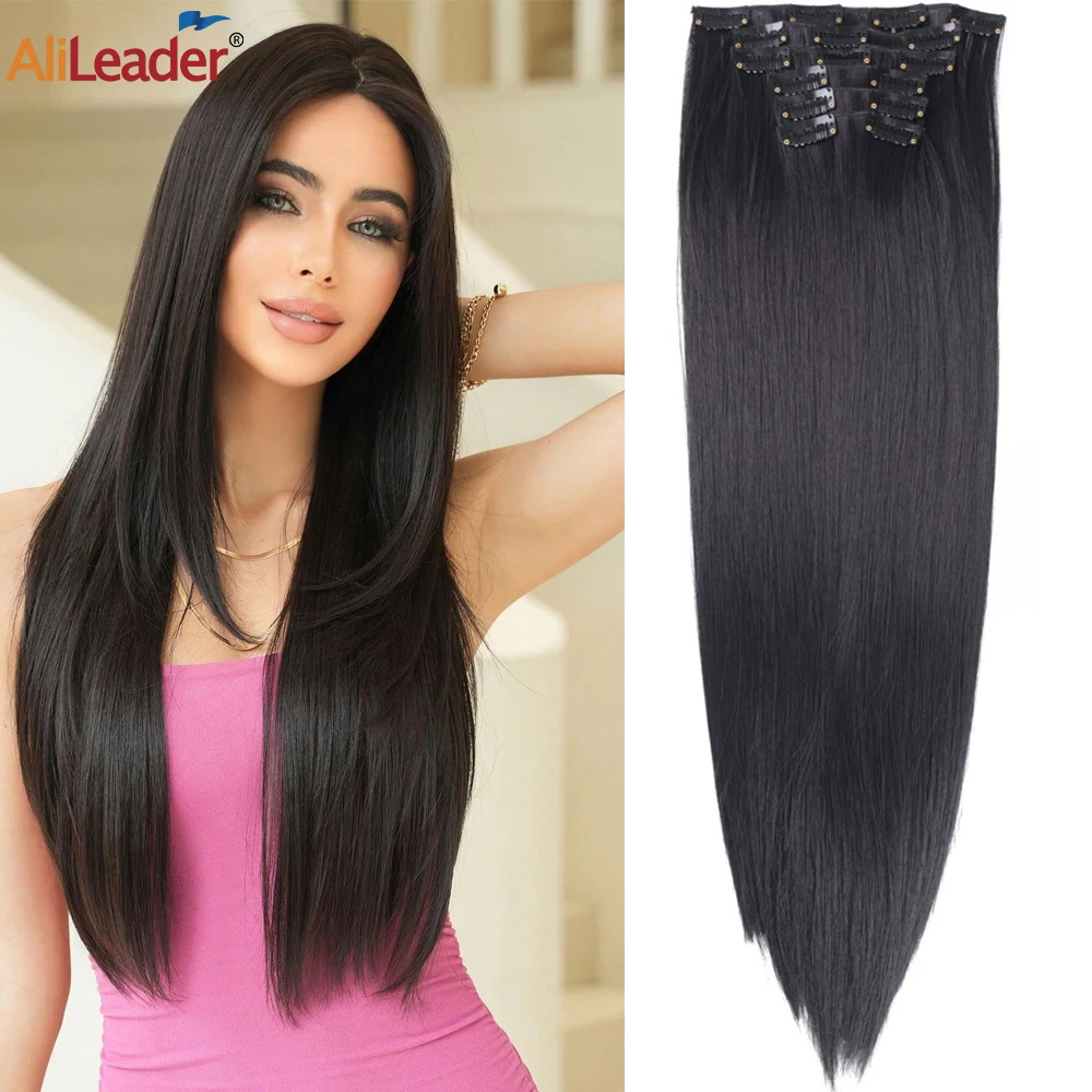 

16 Clips In Hair Extensions 6 Pcs Full Head 22 Inch Long Straight Synthetic Hair Pieces Natural Wavy For Women Girls Hair