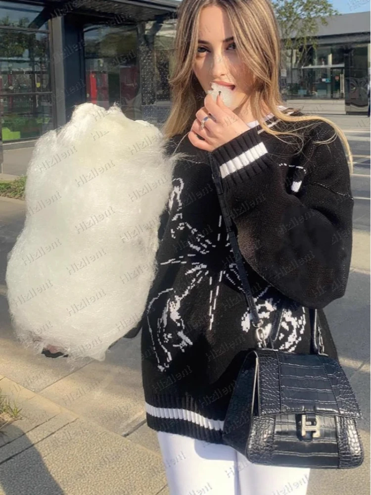 

European and American autumn winter college style fashion pattern jacquard round neck loose casual knitted warm pullover sweater