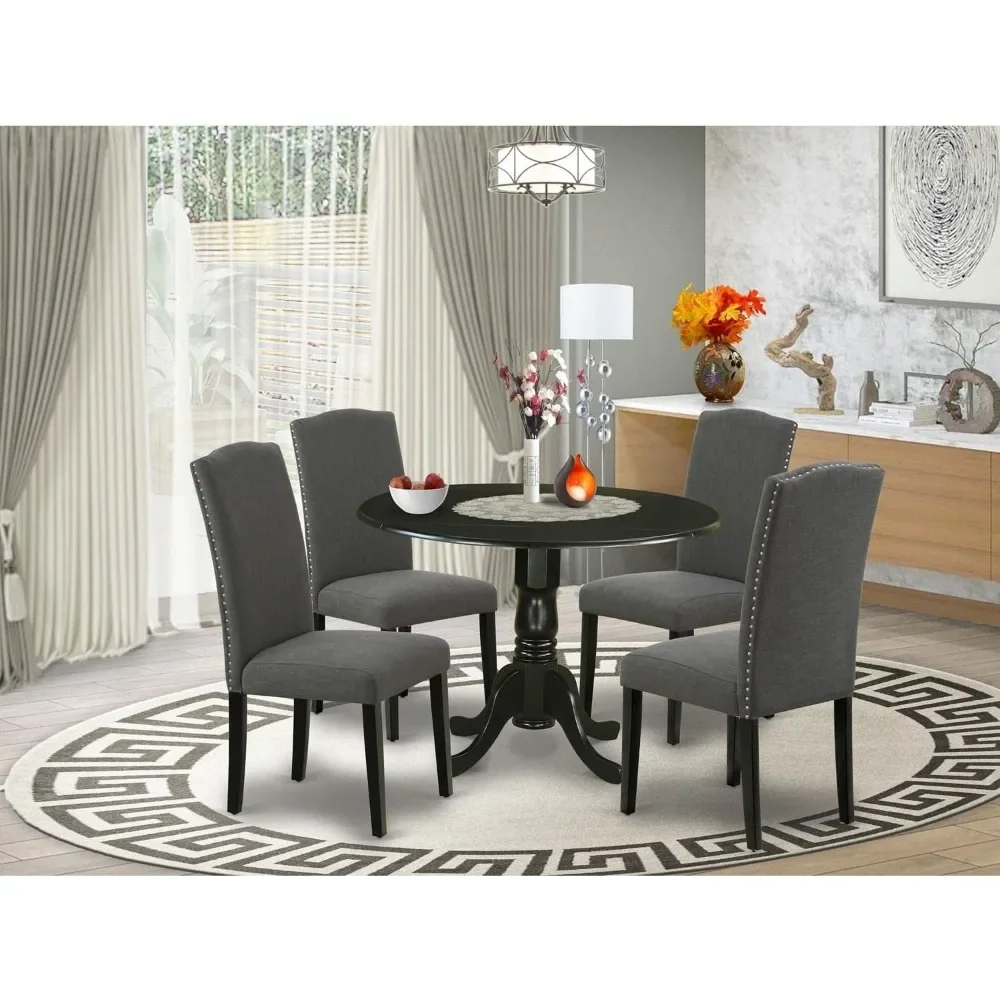 5 Piece Dining Room Set, Round Dinings Table with Dropleaf and 4 Linen Fabric Upholstered Parson Chairs, Dining Room Set