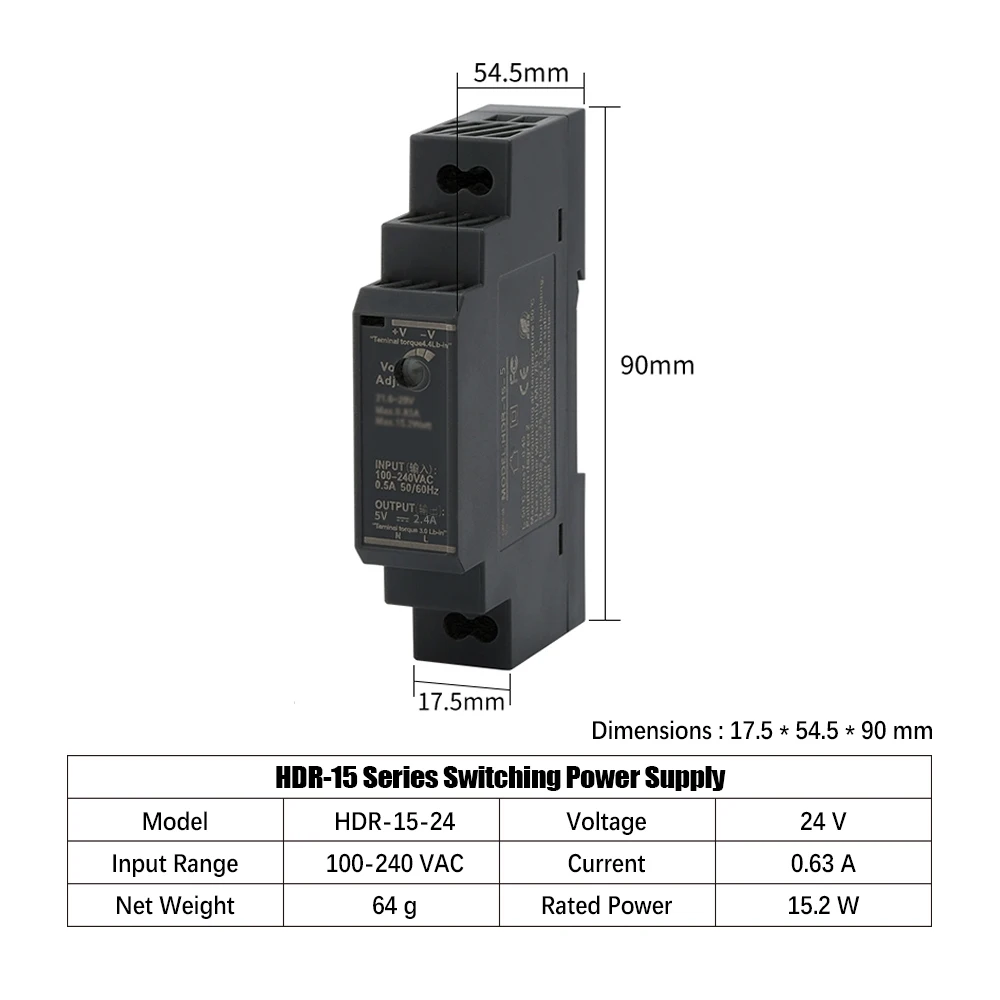 HLTNC HDR-15W Voltage 5V 12V 24V Rail Switching Power Supply SMPS 100-240VAC  Industrial Ultra-thin SMPS Transformer for CNC