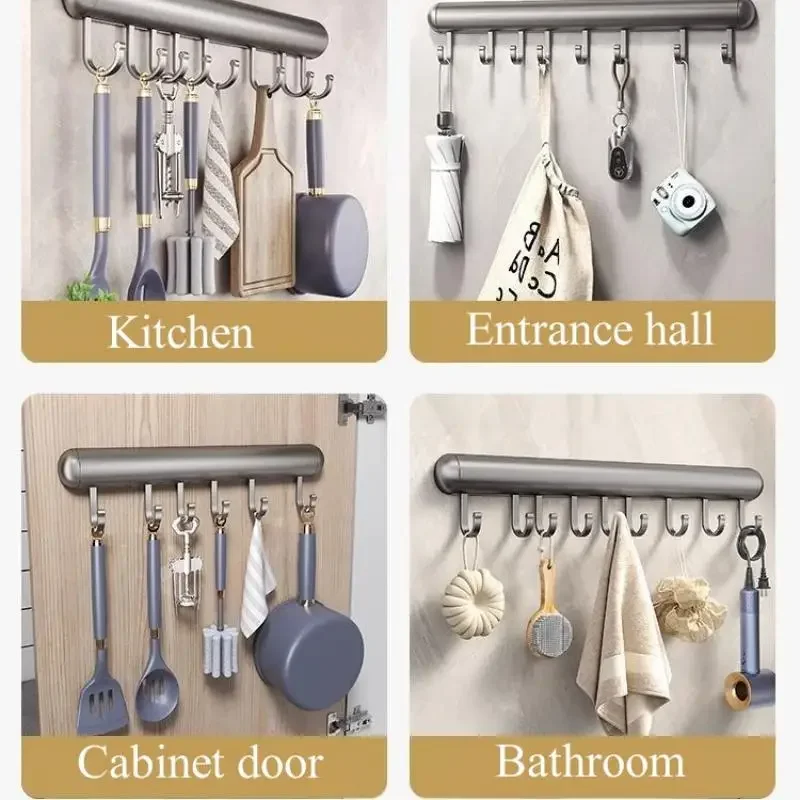 Picture 4: Kitchen Hook Holder Punch-Free Hanging Rod Wall-Mounted Storage Rack Spatula Spoon Hanger Removable Space Aluminum Hook Hangers
