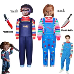 New 2024 Ghost Doll Nightmare Halloween Clothing Child Carnival Chucky Cosplay Clothes Jumpsuits+Mask Kids Boys Girls Party Gift