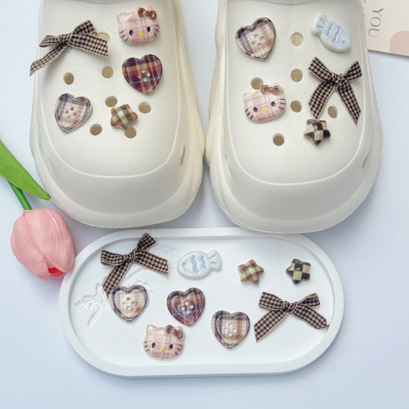 

New Hello Kitty Shoe Accessories Grid, bow tie Accessories kawaii Anime Decoration Cartoon DIY Xmas Party Gifts Favors