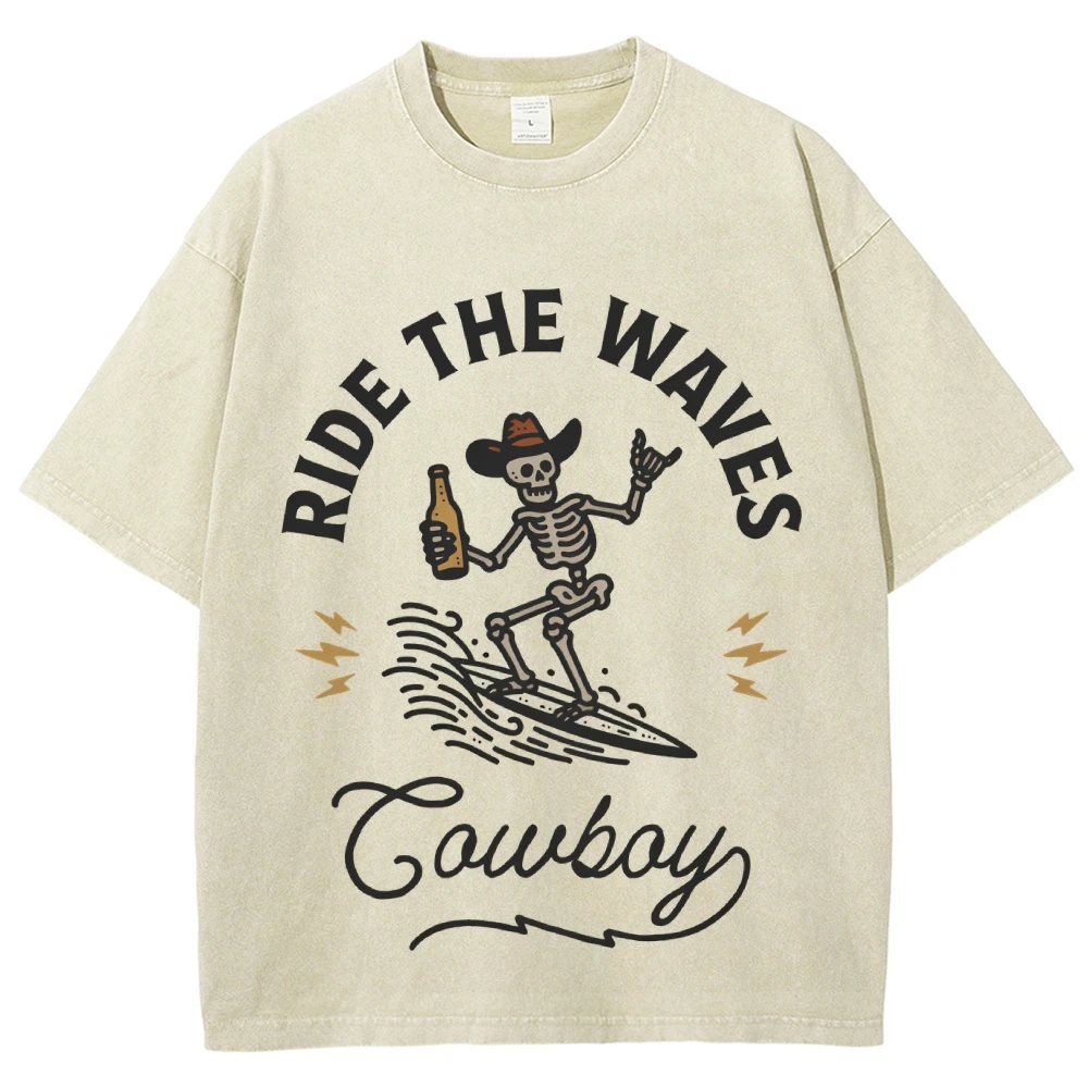 Ride The Waves Cowboy T-Shirt Beach Bum Tee Surfing Cowboy Skeleton Tees Coastal Cowboy Shirts Western Summer Cowgirl y2k Shirt